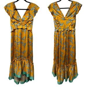 Three Floor Leomana Dress Gold Yellow High Low Midi Ruffled Satin Floral Size 6